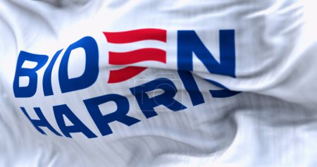 Photo for Wilmington, US, Dec. 22 2023: Close-up of Biden Harris 2024 presidential campaign flag waving. Illustrative editorial 3d illustration render. Textured background - Royalty Free Image