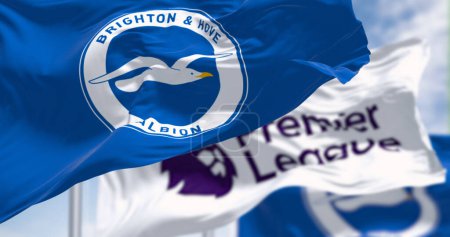 Photo for Brighton, UK, Dec. 23 2023: Brighton football club and Premier League flags waving in the wind on a clear day. Illustrative editorial 3d illustration render. Rippled fabric - Royalty Free Image