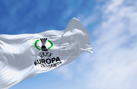 Photo for Athens, GR, Dec 20 2023: UEFA Europa Conference League flag waving on a clear day. Annual football club competition for european clubs. illustrative editorial 3D illustration render - Royalty Free Image