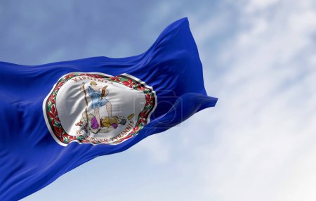 Virginia state flag waving in the wind on a clear day. State seal in the middle of a dark blue background. 3d illustration render. Rippling fabric