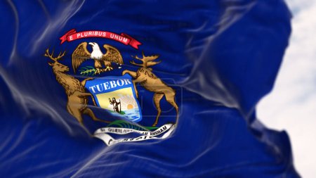 Photo for Close-up of Michigan state flag waving in the wind. Dark blue flag with state coat of arms featuring an eagle, an elk and a moose. 3d illustration render. Rippling fabric. Selective focus - Royalty Free Image