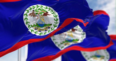 Belize national flags waving in the wind on a clear day. Blue field, red stripes top and bottom, white disk with National Coat of Arms. 3d illustration render. Fluttering fabric. Selective focus