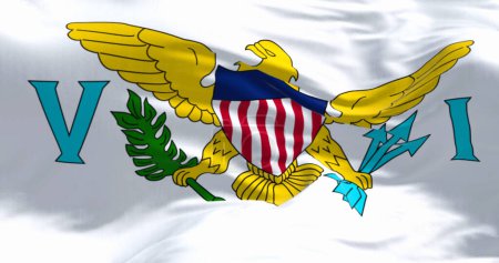 Nahaufnahme der Flagge der Jungferninseln der Vereinigten Staaten. Die Jungferninseln der USA sind ein nicht eingegliedertes und organisiertes Territorium der USA. 3D Illustration rendern. Wellenförmiges Gewebe