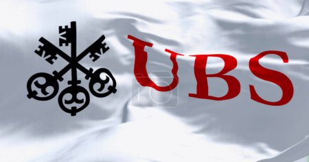 Photo for Zurich, CH, Feb, 20 2024; Close-up of UBS flag waving. Multinational investment bank and financial services company founded and based in Switzerland. Illustrative editorial 3d illustration render - Royalty Free Image
