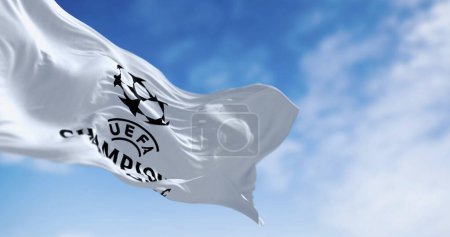 Photo for London, UK, Nov. 25 2023: close-up of UEFA Champions League flag waving. European football competition. Rippled fabric. Illustrative editorial 3d illustration render - Royalty Free Image
