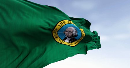 Nahaufnahme der Flagge des Bundesstaates Washington, die geschwenkt wird. Dunkelgrünes Feld mit einem Siegel, das in der Mitte das Bild von George Washington zeigt. 3D Illustration rendern. Wellenförmiges Gewebe