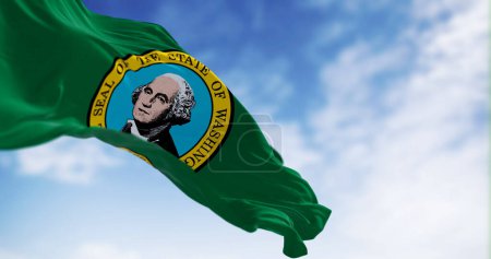 Die Flagge des Bundesstaates Washington weht an einem klaren Tag. Dunkelgrünes Feld mit einem Siegel, das in der Mitte das Bild von George Washington zeigt. 3D Illustration rendern. Kräuselnder Stoff. Selektiver Fokus