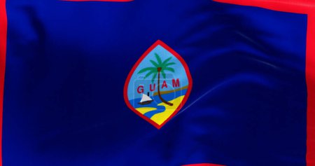 Nahaufnahme der Nationalflagge Guams, die im Wind weht. Eingemeindetes Territorium der USA in der Subregion Mikronesien im westlichen Pazifik. 3D Illustration rendern. Texturierter Stoff Hintergrund