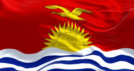 Primer plano de la bandera nacional de Kiribati ondeando en el viento. Kiribati es una nación insular independiente en el Océano Pacífico central. 3d render ilustración. Rippling fondo de tela.