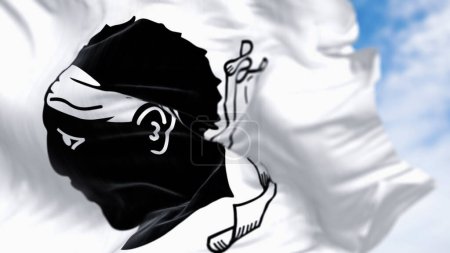 Die Flagge Korsikas weht an einem klaren Tag im Wind. Schwarzer Mohrenkopf mit weißem Kopftuch auf weißem Feld. Französische Region. 3D Illustration rendern. Selektiver Fokus
