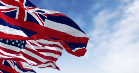 Die Flagge des Staates Hawaii weht an einem klaren Tag mit der Nationalflagge der Vereinigten Staaten von Amerika. 3D Illustration rendern. Flatternder Stoff. Selektiver Fokus