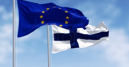 National flags of Finland waving in the wind with the European Union flag on a clear day. 3d illustration render. Rippling fabric. Selective focus