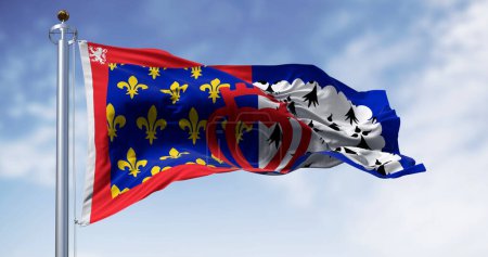 Die Flagge der französischen Region Pays de la Loire weht an einem klaren Tag im Wind. Französische Verwaltungsregion. 3D Illustration rendern. Wellenförmiges Gewebe