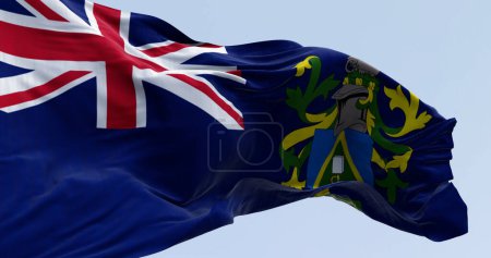 Nahaufnahme der Flagge der Pitcairn Inseln, die im Wind weht. Britisches Überseegebiet im Südpazifik. 3d. Illustration rendern. Kräuselnder Stoff. Nahaufnahme.