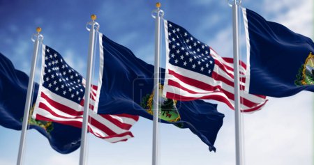 Vermont y las banderas americanas ondeando en el viento. Fondo azul con escudo de armas del Estado y lema. 3d render ilustración. Tejido de aleteo. Fondo texturizado