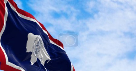 Nahaufnahme der Flagge des Staates Wyoming, die im Wind weht. Weiße Bisonsilhouette. 3D Illustration rendern. Selektiver Fokus. US-Staatsflagge