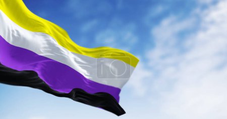 Genderqueer Pride flag featuring horizontal stripes of lavender, white, and dark chartreuse, waving. Non-binary and genderqueer identities representation. 3d illustration render. elective focus