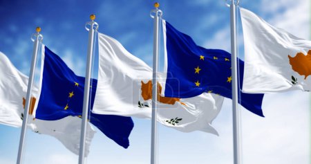 Cyprus national flags waving in the wind with the European Union flags on a clear day. 3d illustration render. Fluttering fabric.