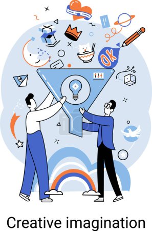 Illustration for Creative mind, imagination or brainstorm or originative idea concept with men holding funnel surrounded abstract geometric shapes and objects. Phantasy flow and creativity metaphor, fantasies in mind - Royalty Free Image