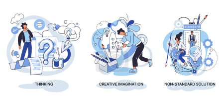 Creative thinking. People with different mental mindset types or model creative. Imaginative logical and structural thinking. MBTI person metaphor. Non standart solution. Brain think people solve idea