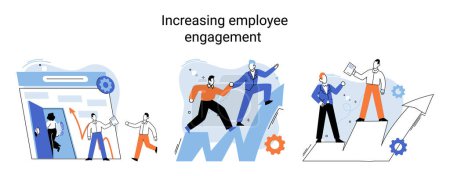 Illustration for Increasing employee engagement, fellow workers assessment. Making career development plan, professional roadmaps for employees in company, development prospects and ways to achieve their goals - Royalty Free Image