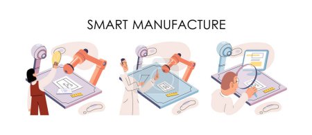 Illustration for Manufacturing process industry. Scientist robot assembling products. Smart manufacture, automation development metaphor. Smart industry product design, automated production, robots and machinery 4.0 - Royalty Free Image