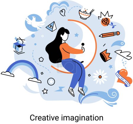 Illustration for Creative mind, imagination or originative idea concept. Phantasy space and creativity. Dreamy girl sitting on moon. Vision development, creative thinking fantasy, motivation, inspiration, daydreaming - Royalty Free Image