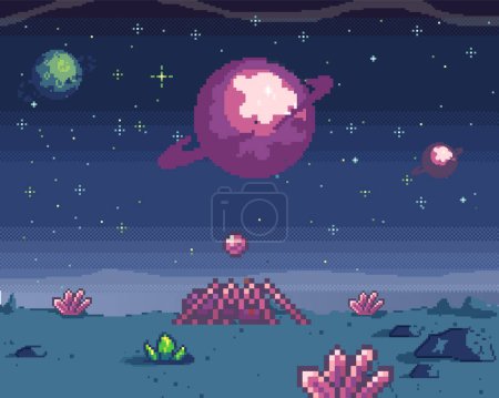 Illustration for Pixel art cosmic area, game location. Scene with fantastic planets in outer space. Futuristic spaceships during war in space. Pixel retro program about space interface. Pixelated design vector - Royalty Free Image