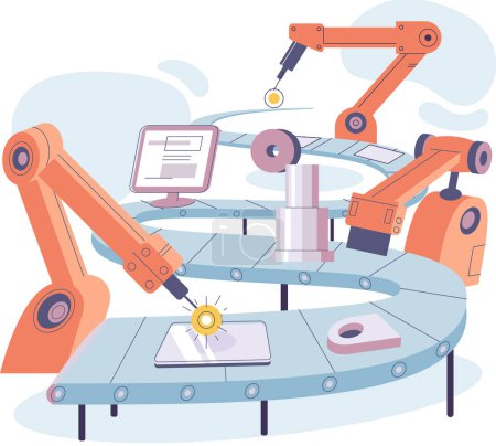 Illustration for Manufacturing process at automated industry. Industrial conveyor with robot work. Technical and science innovation. Smart manufacture, automation of digital devices production, mechanical equipment - Royalty Free Image