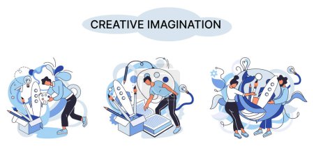 Ilustración de Mente creativa, imaginación o lluvia de ideas o concepto de idea originativa. Imaginación creativa. Espacio fantasmal y creatividad. Flujo de fantasía y metáfora de la creatividad, fantasías en mente. Desarrollo de visión - Imagen libre de derechos