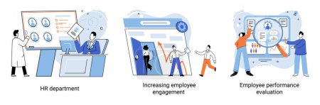 Illustration for Employee performance evoluation, analysis of effectiveness of professional activity scenes set. Establishing level of compliance of characteristics of an employee with requirements of position held - Royalty Free Image
