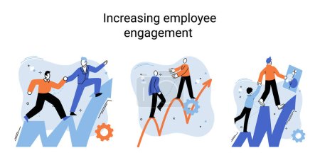 Illustration for Increasing employee engagement improve their communication within departments, suggesting ways for personal and career growth. Fellow workers assessment concept. Developing profession development plan - Royalty Free Image
