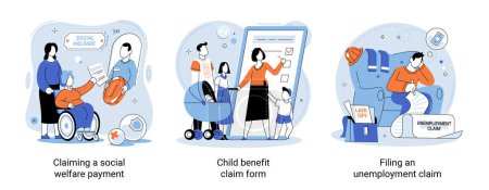 Illustration for Claiming social welfare payment, child benefit claim form, Social insurance cartoon vector set. Unemployment benefits. Business finance protection. Support for pensioners and families with children - Royalty Free Image