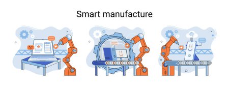 Illustration for Smart manufacture metaphor with automated production line. Innovative contemporary smart industry product design, delivery and distribution with people, robots and machinery, conveyor assembly line - Royalty Free Image