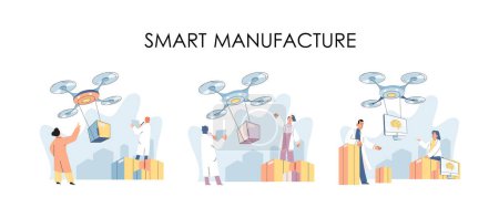 Illustration for Smart logistics technology metaphor. Idea of modern transportation and distribution. People using copter delivery. Technical and science innovation. Automation and development of delivery process - Royalty Free Image