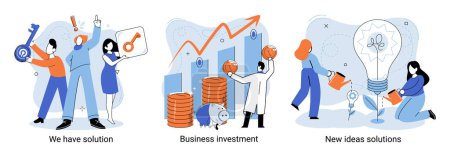 Illustration for We have solution metaphor, business investment, new ideas solution scenes set. Teamwork and brainstorming. Team and new startup. Leadership and financial activities. Concept joint search for new ideas - Royalty Free Image