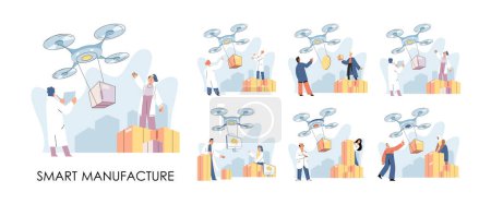 Illustration for Smart logistics technology metaphor. Idea of modern transportation and distribution. People using copter delivery. Technical and science innovation. Automation and development of delivery process - Royalty Free Image