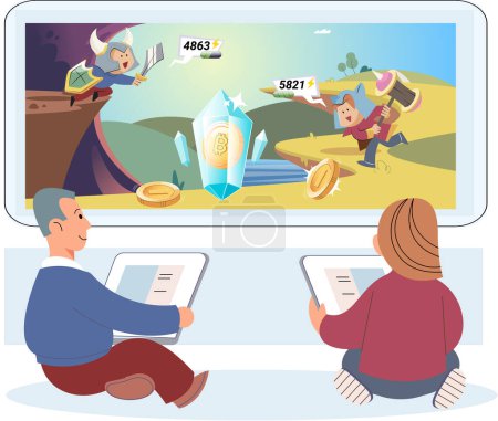 Illustration for Play to earn. Metaverse, game finance technology. People playing online games with laptop, smartphone and vr goggles. Gamification, cyber cartoon characters playing games to earn cryptocurrencies - Royalty Free Image