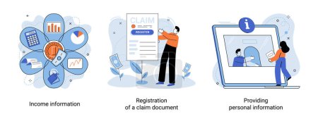 Illustration for Registration of claim form register document, providing personal information, income information vector set. Employer form, earnings statement documents. Tax, financial and accounting reporting - Royalty Free Image