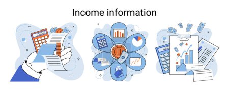 Téléchargez les illustrations : Income information vector set, business profitability indicator, entrepreneurial activity and accounting. Registration of claim form document, providing personal information, financial report for tax - en licence libre de droit