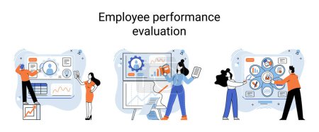 Illustration for Employee performance evoluation, analysis of effectiveness of professional activity scenes set. Establishing level of compliance of characteristics of an employee with requirements of position held - Royalty Free Image