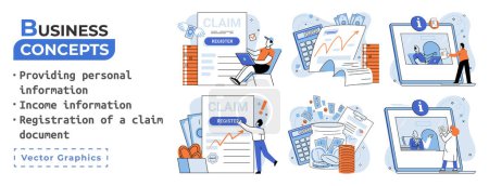 Ilustración de Registration of claim form register document, providing personal information, income information vector set. Employer form, earnings statement documents. Tax, financial and accounting reporting - Imagen libre de derechos