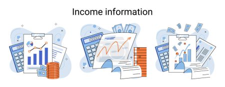Ilustración de Income information in financial report with charts, business profitability indicator, entrepreneurial activity and accounting. Registration of claim form document, providing personal information - Imagen libre de derechos