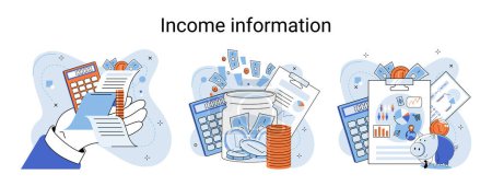 Ilustración de Income information in financial report with charts, business profitability indicator, entrepreneurial activity and accounting, analysis, financial planning, cash and results of capital investments - Imagen libre de derechos