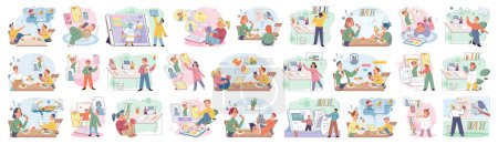 Illustration for Children at home with phones and tablets set. Kids remote education, toddlers use smart technologies. Kids studying online, surfing social media, playing game, chatting by video call and use internet - Royalty Free Image