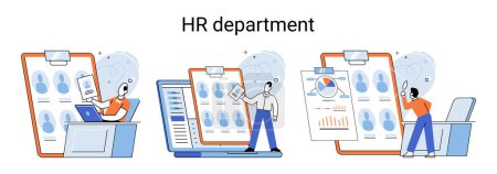 Illustration for HR department, headhunter job, selection interview scenes set. Employer selects applicant candidates for work or study. Specialist engaged in selection, adaptation, dismissal, development of personnel - Royalty Free Image