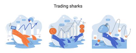 Illustration for Shark emerges from water and holds gold coins on its nose. Trading hamsters and whale metaphor set. Fake data for business valuation. Inexperienced investor, bad investment, experienced traders - Royalty Free Image