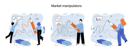Téléchargez les illustrations : Stock market manipulation concepts set, change business graph indicator, influence crypto currency price for benefit or profit. Character analyzing stock market data to control financial graphic chart - en licence libre de droit