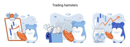 Téléchargez les illustrations : Trading hamster, user who does not understand economics and finance, dreams of getting rich on cryptocurrency, novice traders who make wrong decisions due to emotions or panic. Inexperienced investor - en licence libre de droit