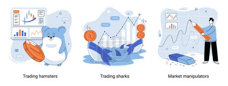Téléchargez les illustrations : Shark emerges from water and holds gold coins on its nose. Trading hamsters and whale metaphor set. Fake data for business valuation. Inexperienced investor, bad investment, experienced traders - en licence libre de droit